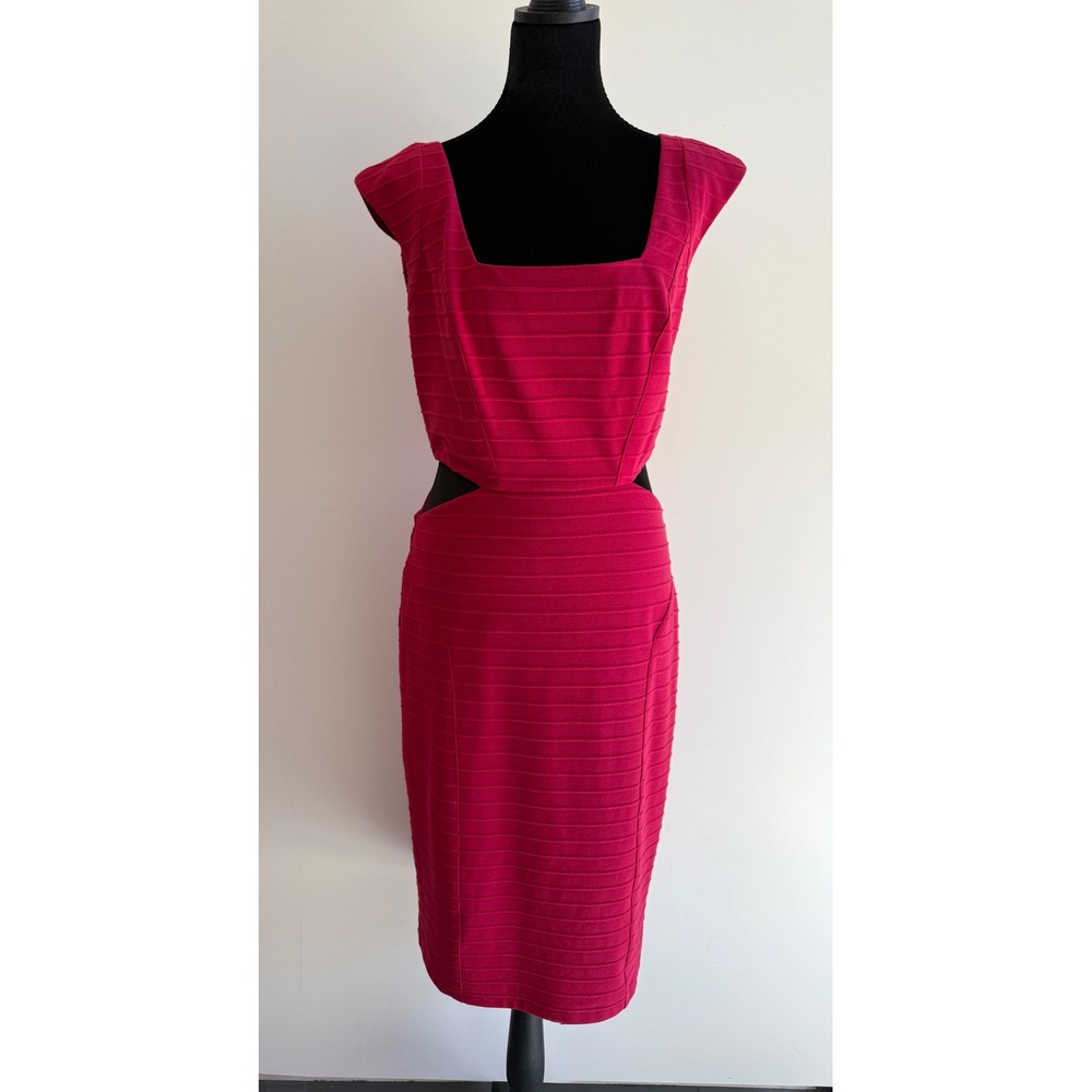 Bebe Cole Cutout Textured Midi Dress Cerise Pink Square Neck Sleeveless M NEW
